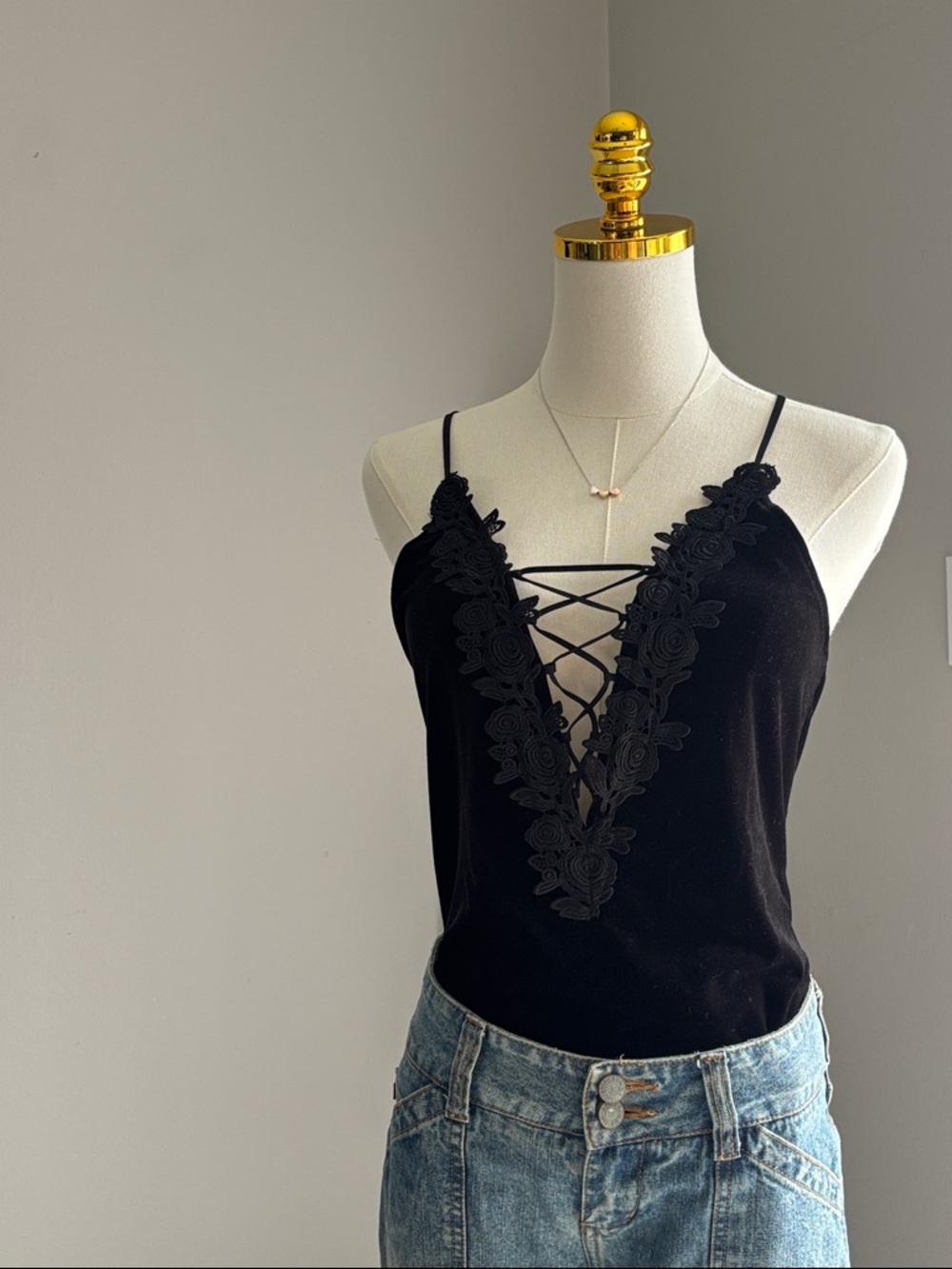 Express Black Lace-Up Bodysuit with Floral Detail